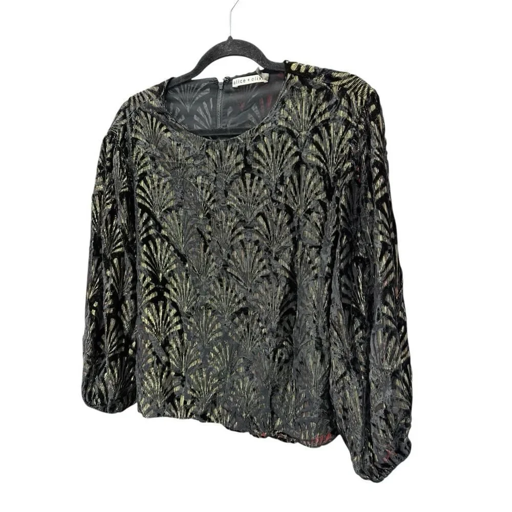 Alice + Olivia Black Metallic Art Deco Blouse Small 3/4 Sleeve Party Top